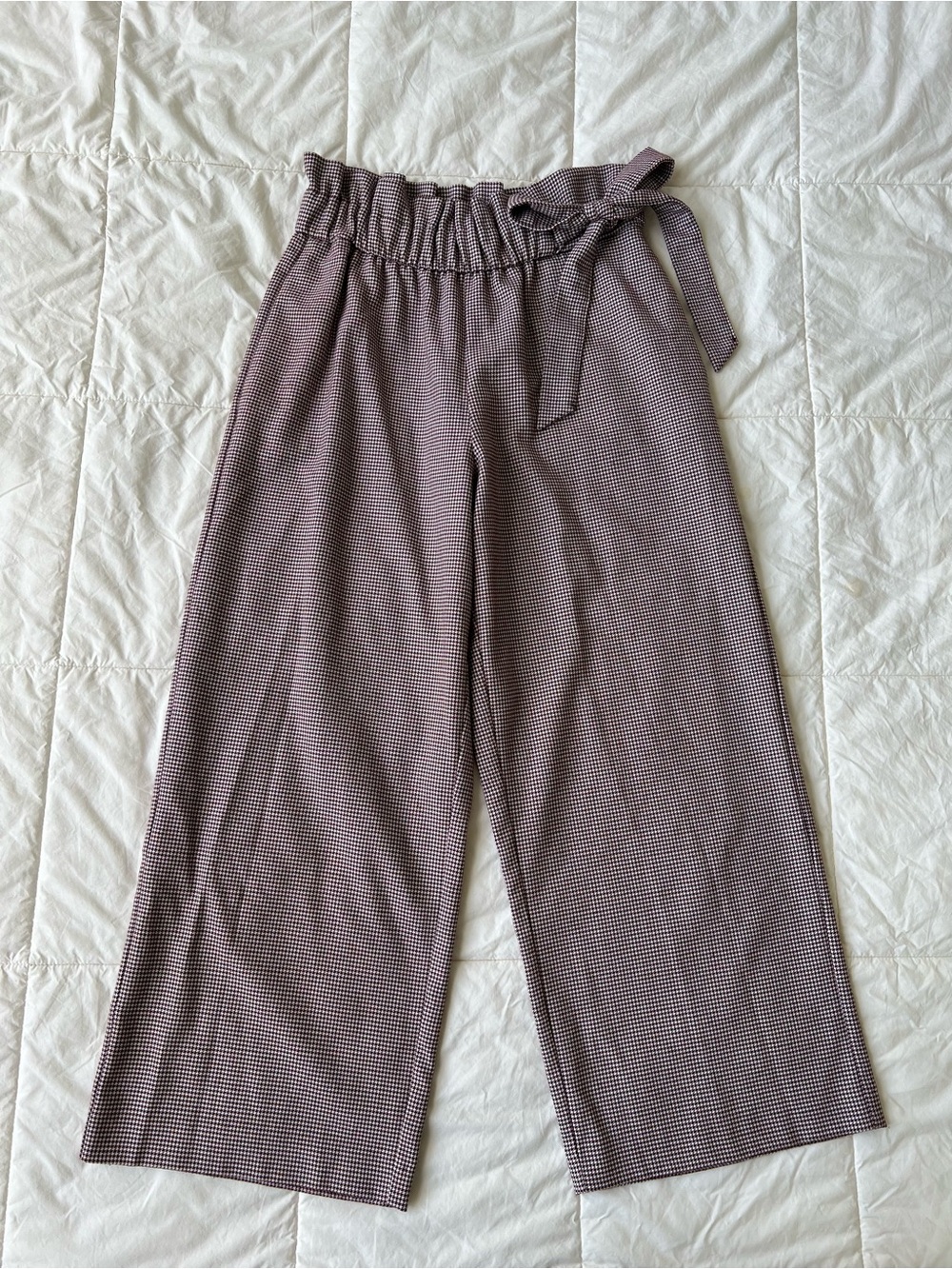 Zara Wide-Leg Paperbag Pants in Maroon Houndstooth
